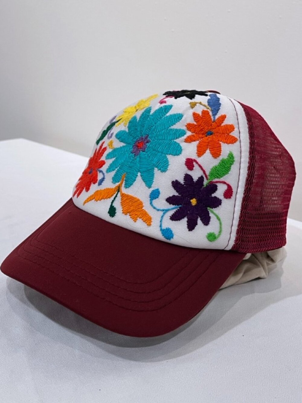 Embroidered Floral Trucker Hat - Burgundy and White
